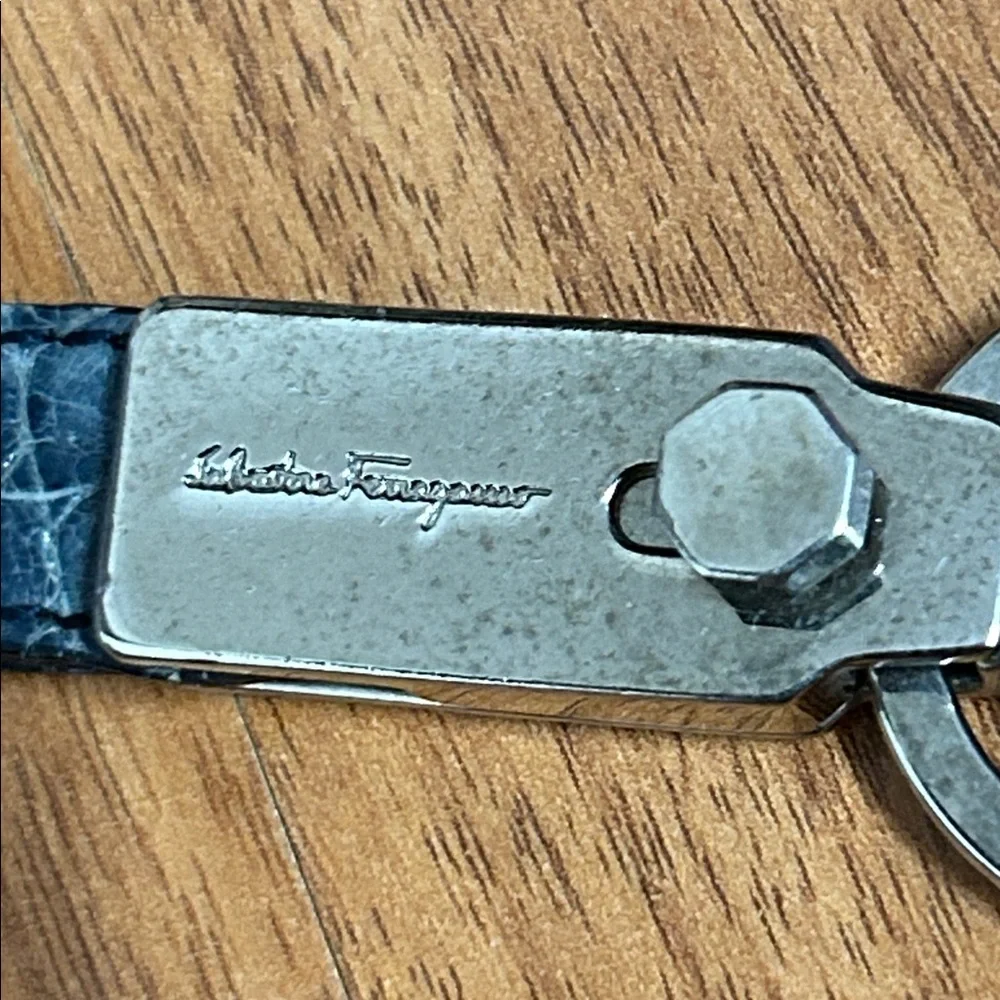 Authentic Salvatore Ferragamo Gancini Crocodile Embossed Leather Keychain